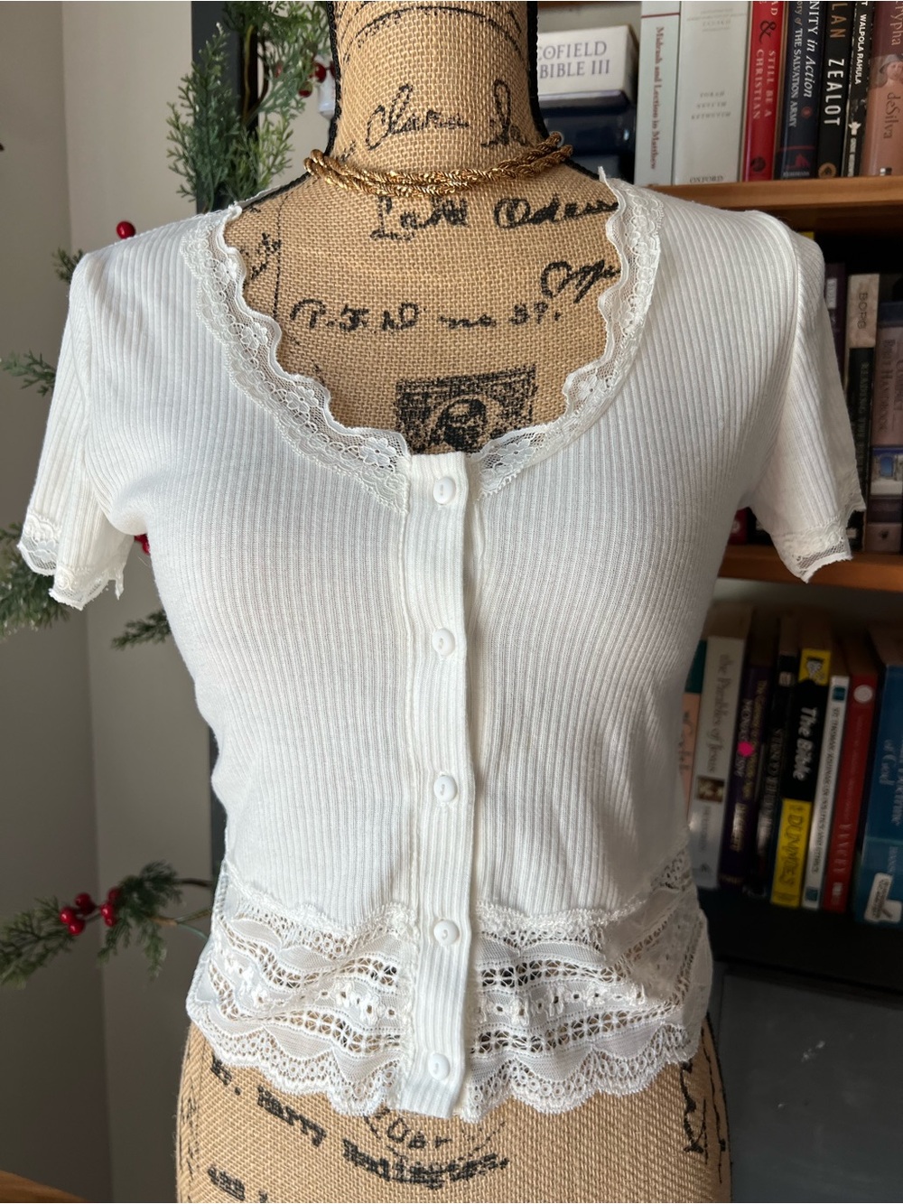 Caution To The Wind White Lace-Trim Ribbed Button-Front Top